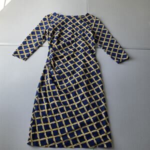 J McLaughlin Dress Womens S Blue Bamboo Geometric Jersey Sheath Knee Boat Neck
